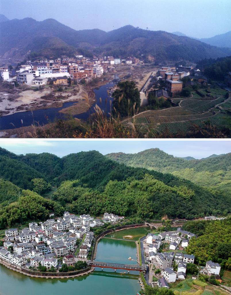 圖為浙江省杭州市淳安縣楓樹嶺鎮(zhèn)下姜村拼版圖，其中上圖為資料照片、下圖由新華社記者張鋮攝。